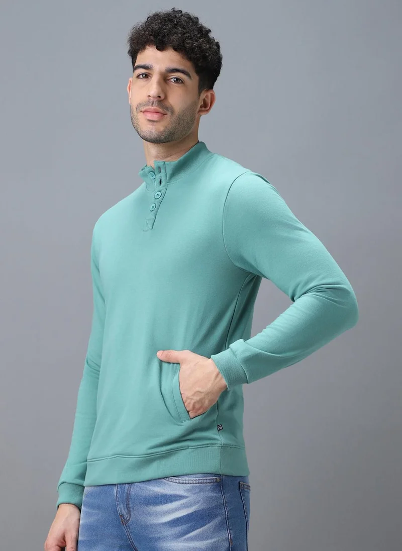 أوربانو فاشن Urbano Fashion Men's Green Cotton Solid Button High Neck Sweatshirt